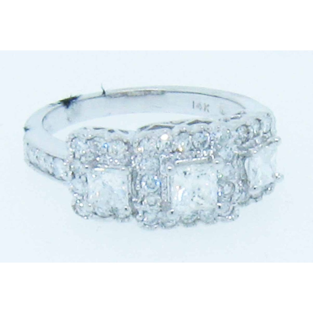 14K White Gold Three-Stone Halo Fashion Ring with Milgrain Detail and Princess Cut Diamonds - 1.30 Carat Total Diamond Weight by Auriventus