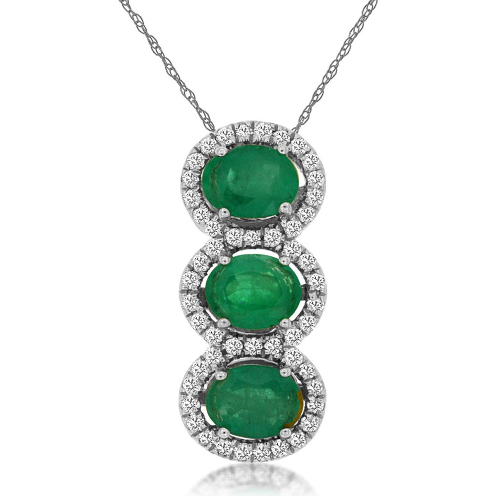 14K White Gold Three-Stone Halo Pendant with Oval Emeralds and Round Diamonds - 1.05 Carat Total Emerald Weight and 0.20 Carat Total Diamond Weight - Royal Jewelry