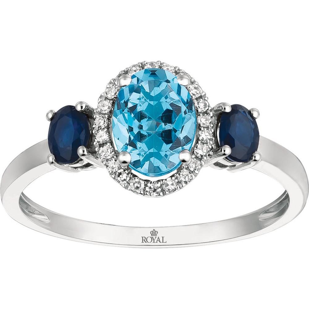 14K White Gold Three-Stone Halo Ring with 1.00 Carat Oval Blue Topaz, 0.70 Carat Oval Sapphires, and 0.10 Carat Diamond Halo - Royal Jewelry