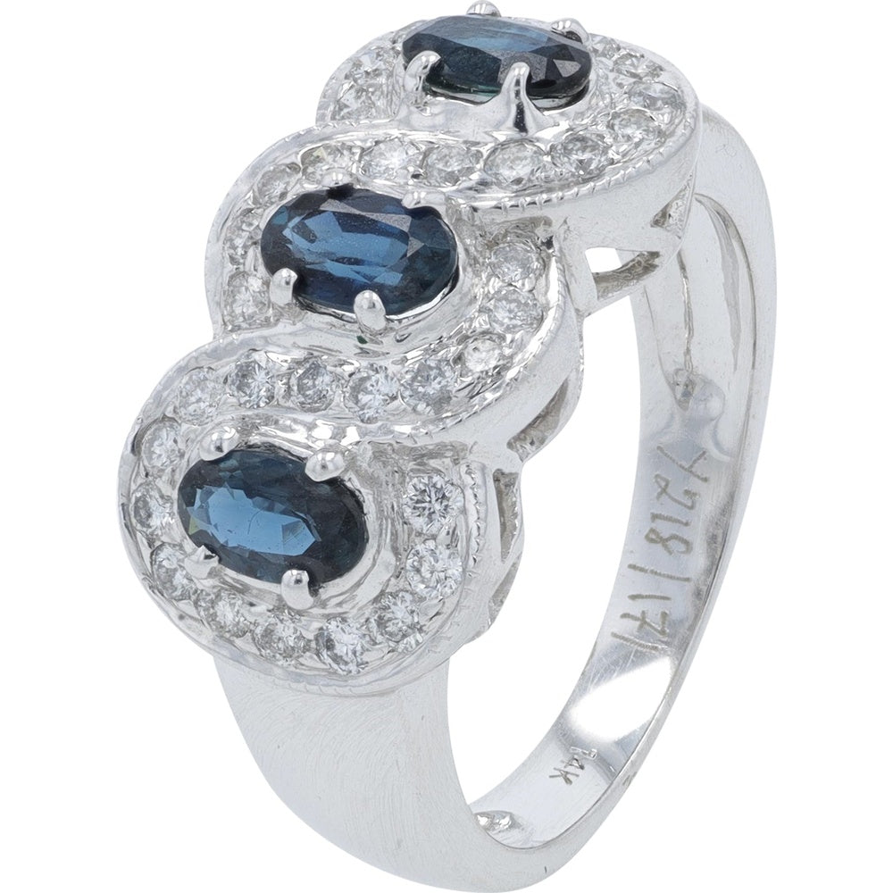 14K White Gold Three Stone Halo Ring with Oval Sapphires and Round Diamonds - 1.10 Carat Sapphire and 0.50 Carat Diamond Total Weight