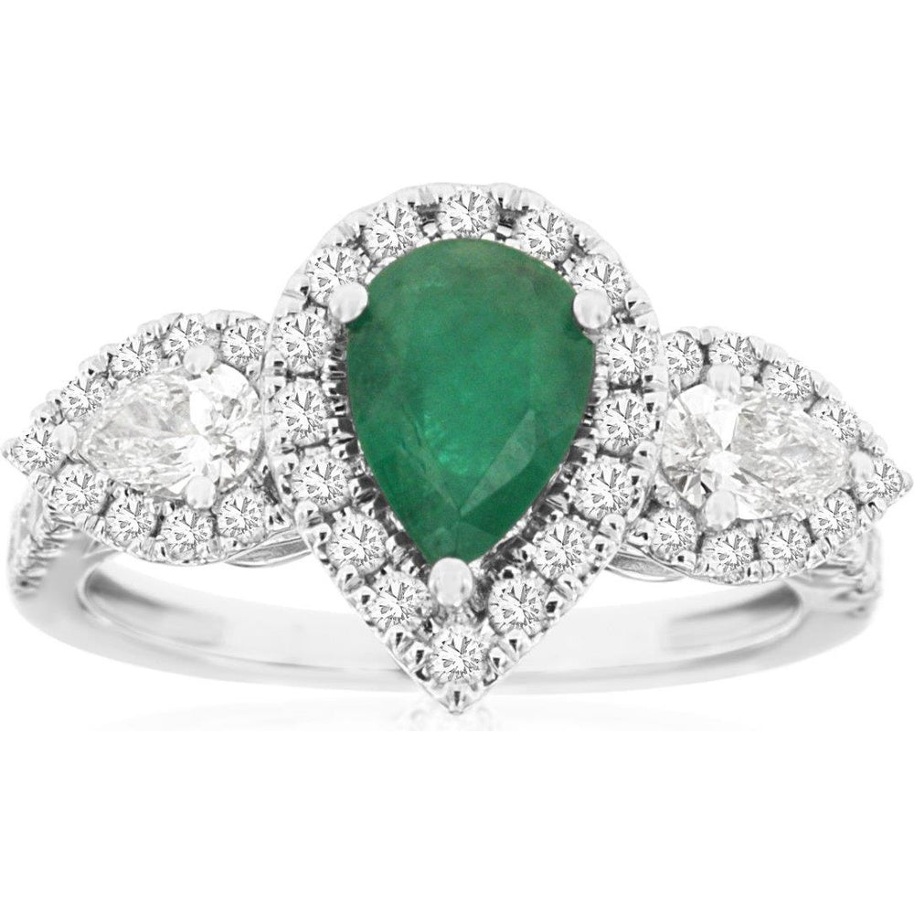 14K White Gold Three-Stone Halo Ring with Pear-Shaped Emerald and Pear Diamond Side Stones - 1.12 Carat Emerald and 1 Carat Total Diamond Weight - Royal Jewelry