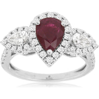 14K White Gold Three-Stone Halo Ring with Pear-Shaped Ruby and Pear-Shaped Diamonds - 1.12 Carat Ruby and 1.00 Carat Total Diamond Weight - Royal Jewelry