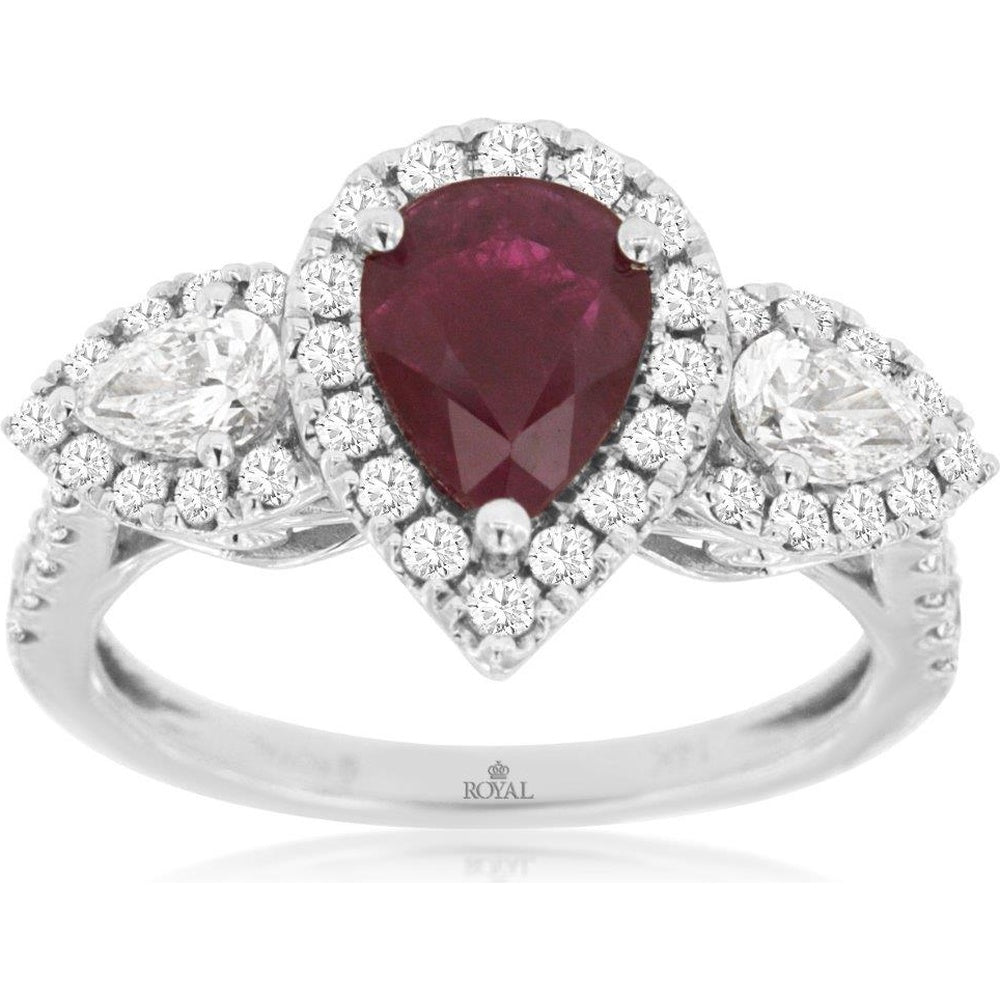 14K White Gold Three-Stone Halo Ring with Pear-Shaped Ruby and Pear-Shaped Diamonds - 1.12 Carat Ruby and 1.00 Carat Total Diamond Weight - Royal Jewelry