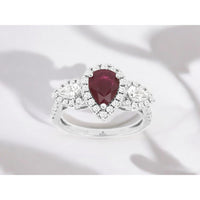 14K White Gold Three-Stone Halo Ring with Pear-Shaped Ruby and Pear-Shaped Diamonds - 1.12 Carat Ruby and 1.00 Carat Total Diamond Weight - Royal Jewelry