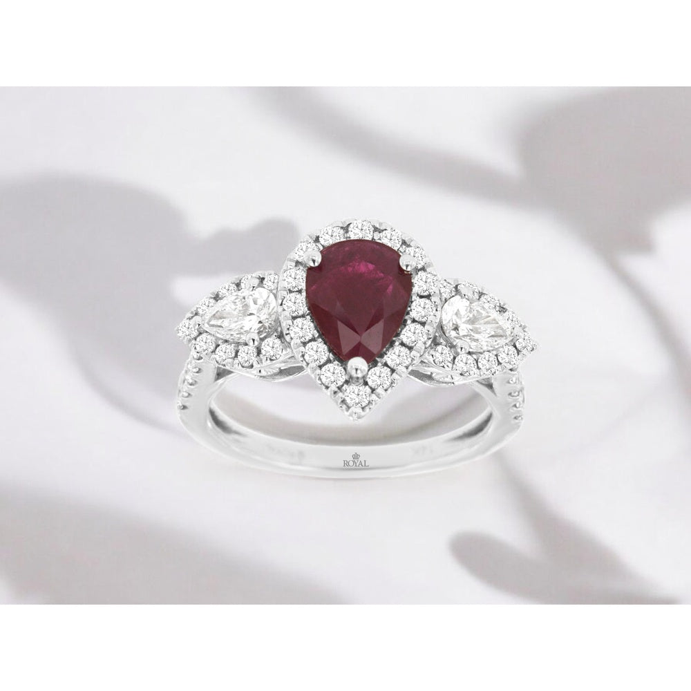 14K White Gold Three-Stone Halo Ring with Pear-Shaped Ruby and Pear-Shaped Diamonds - 1.12 Carat Ruby and 1.00 Carat Total Diamond Weight - Royal Jewelry