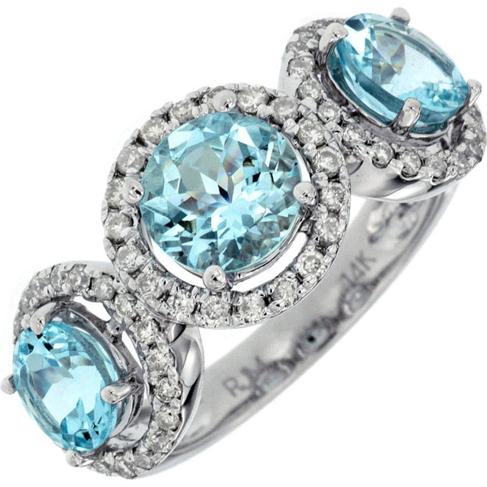14K White Gold Three-Stone Halo Ring with Round Cut Aquamarines and 0.60 Carat Diamond Accents - 3.20 Carat Total Gem Weight - Royal Jewelry