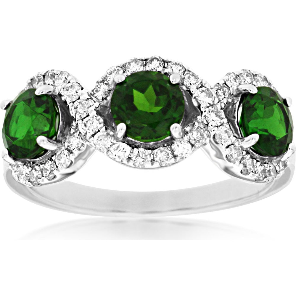 14K White Gold Three-Stone Halo Ring with Round-Cut Russalite and Diamonds - 1.65 Carat Total Russalite Weight and 0.45 Carat Total Diamond Weight - Royal Jewelry