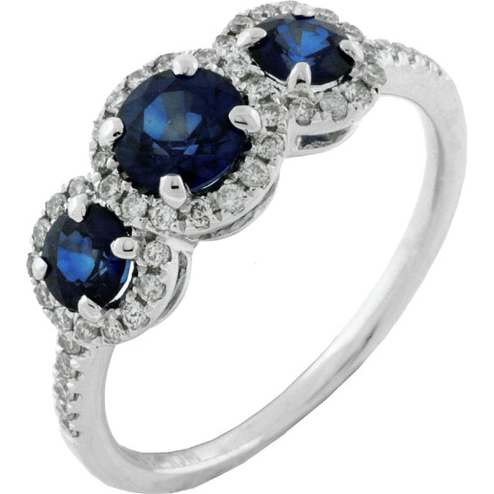 14K White Gold Three-Stone Halo Ring with Round Sapphires and Pavé Diamond Accents - 1.30 Carat Total Sapphire Weight and 0.25 Carat Total Diamond Weight - Royal Jewelry