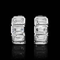 14K White Gold Three-Stone Huggie Earrings with Bezel Set Emerald Cut Lab Diamonds - 3.61 Carat Total Weight - Covaloro Fine Jewelry
