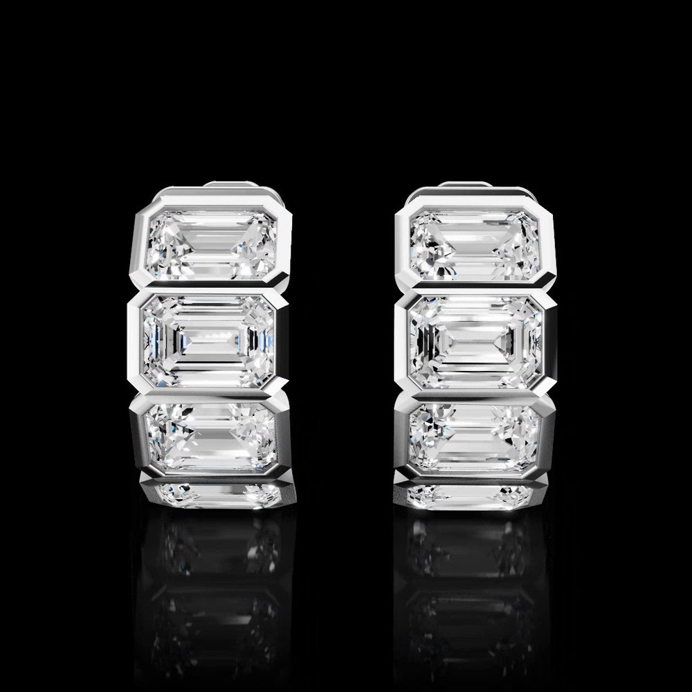 14K White Gold Three-Stone Huggie Earrings with Bezel Set Emerald Cut Lab Diamonds - 3.61 Carat Total Weight - Covaloro Fine Jewelry