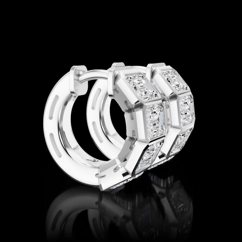 14K White Gold Three-Stone Huggie Earrings with Bezel Set Emerald Cut Lab Diamonds - 3.61 Carat Total Weight - Covaloro Fine Jewelry