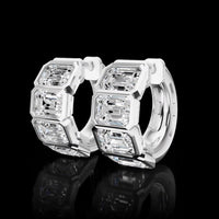 14K White Gold Three-Stone Huggie Earrings with Bezel Set Emerald Cut Lab Diamonds - 3.61 Carat Total Weight - Covaloro Fine Jewelry