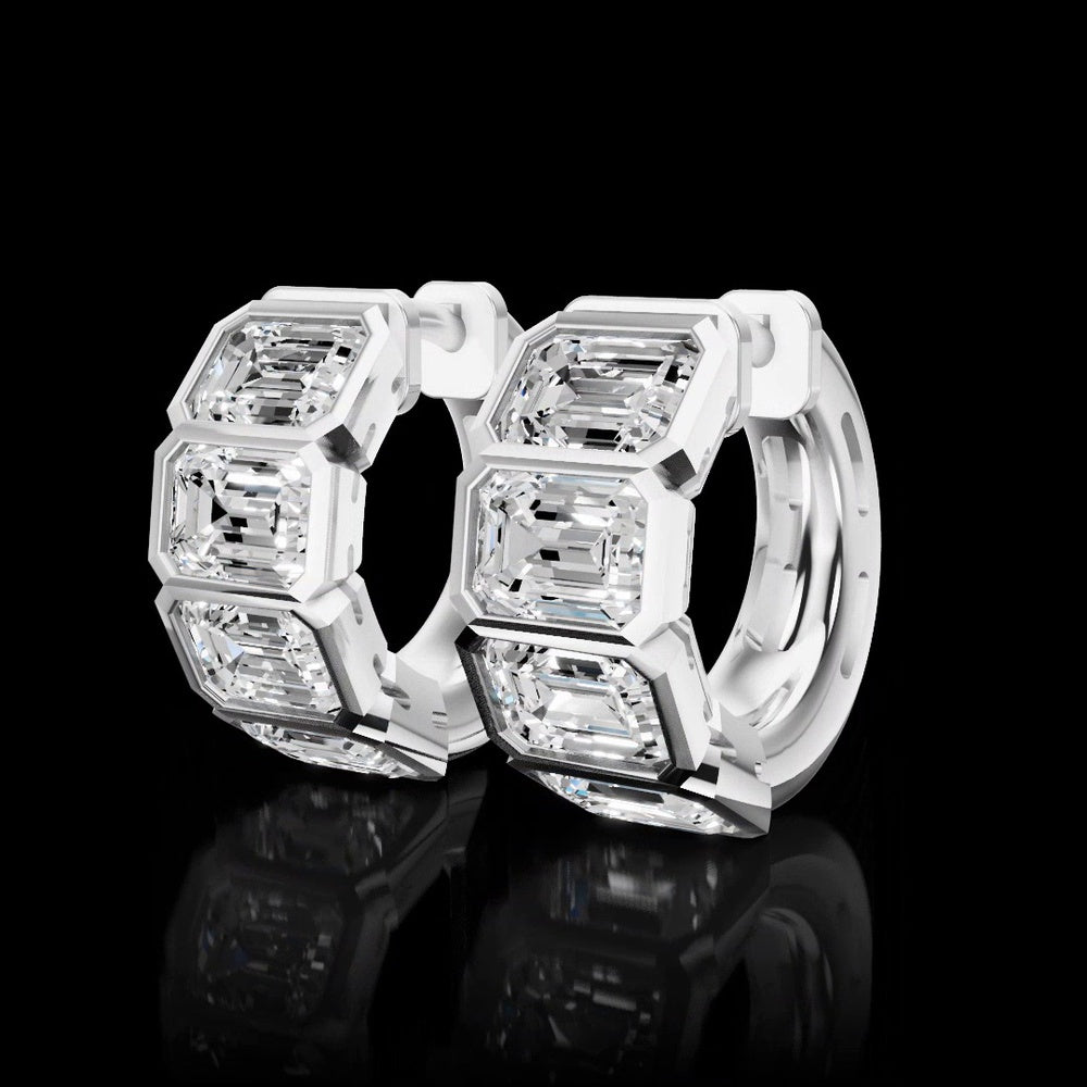 14K White Gold Three-Stone Huggie Earrings with Bezel Set Emerald Cut Lab Diamonds - 3.61 Carat Total Weight - Covaloro Fine Jewelry