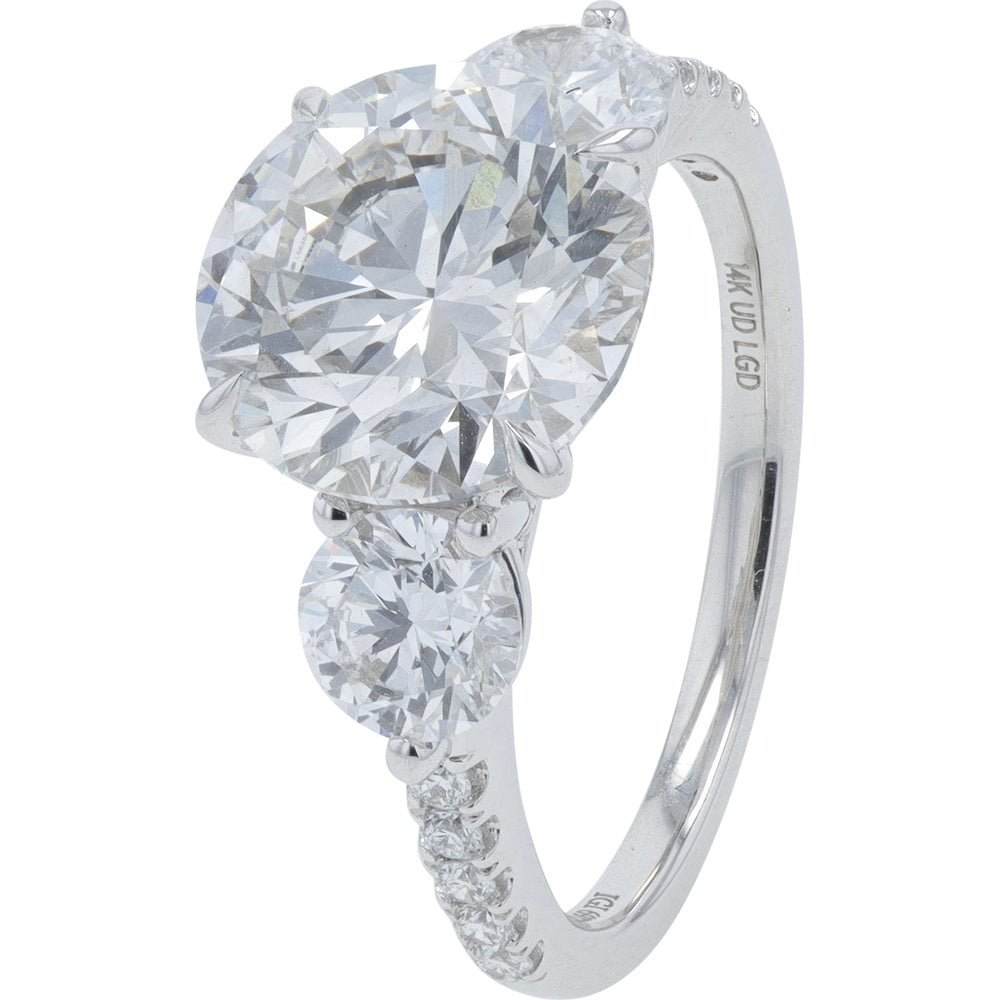 14K White Gold Three-Stone Lab Grown Diamond Engagement Ring with 5 Carat Total Diamond Weight and IGI Certification