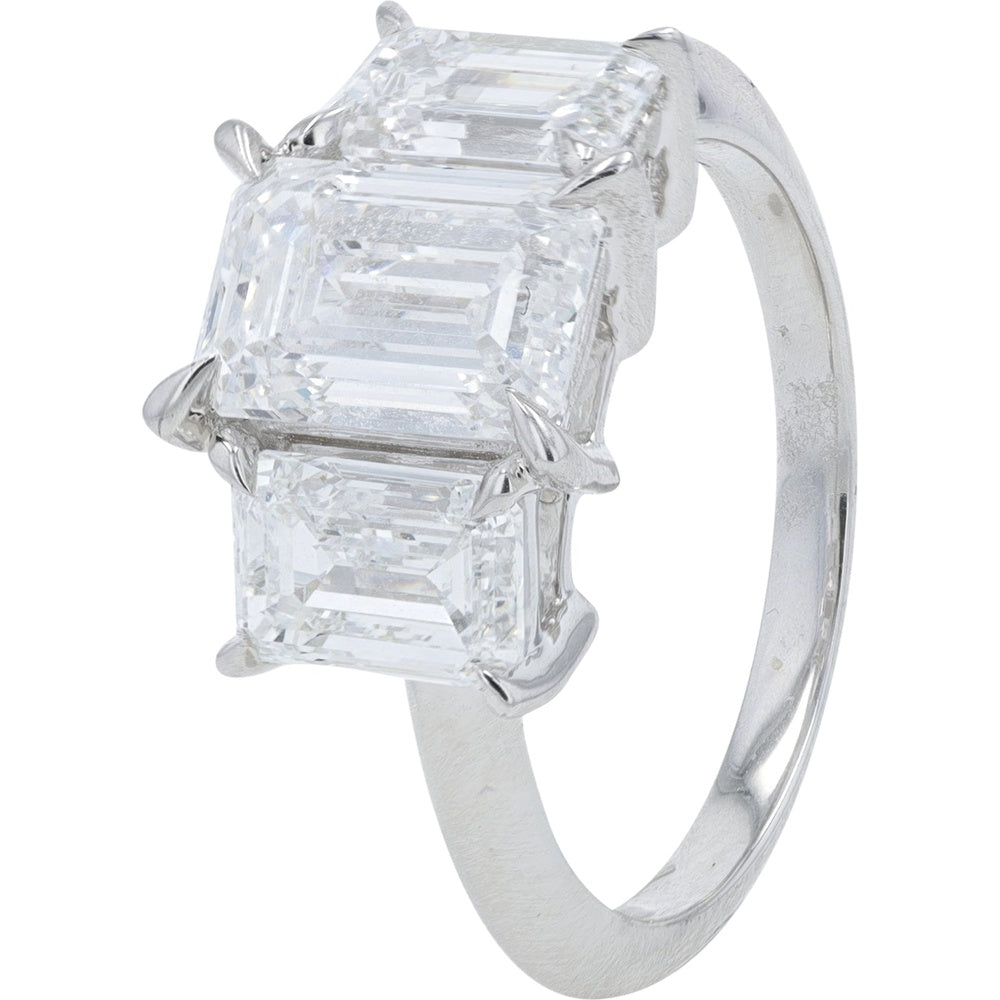 14K White Gold Three-Stone Lab Grown Diamond Engagement Ring with Step-Cut Emerald Shapes - 4.00 Carat Total Diamond Weight