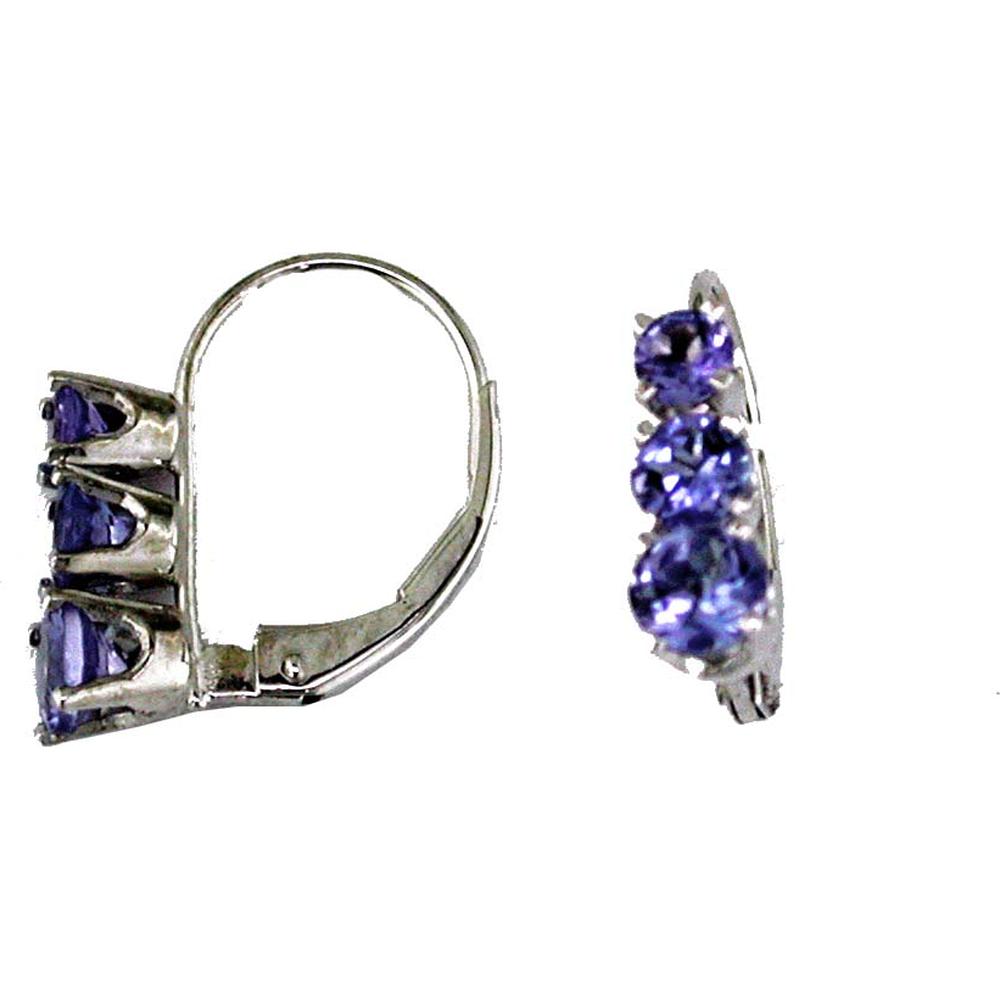 14K White Gold Three-Stone Lever-Back Earrings with Round Tanzanite - 1.10 Carat Total Gem Weight - Royal Jewelry
