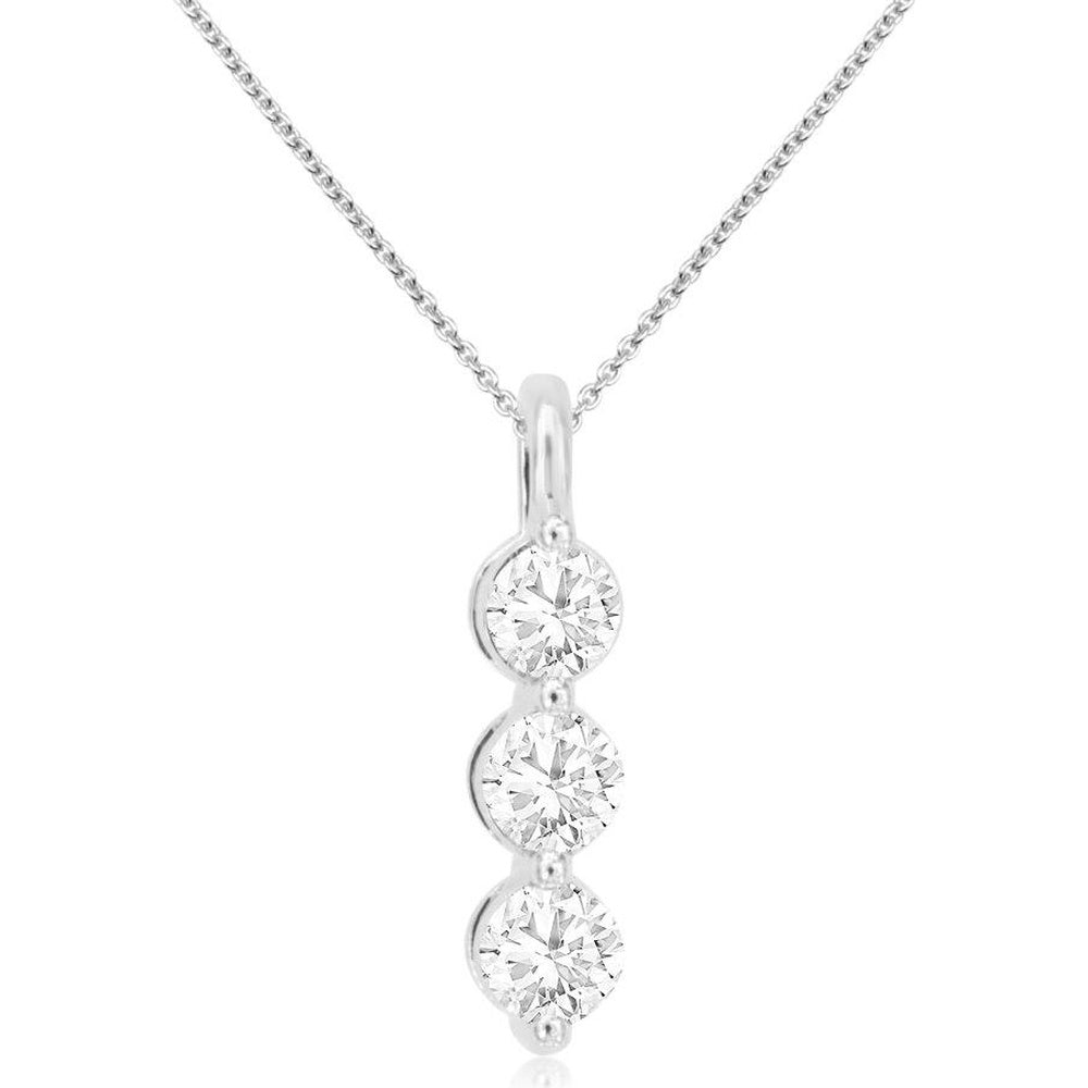 14K White Gold Three-Stone Linear Pendant with Semi-Bezel Set Round Lab-Grown Diamonds - 0.50 Carat Total Diamond Weight - Royal Jewelry