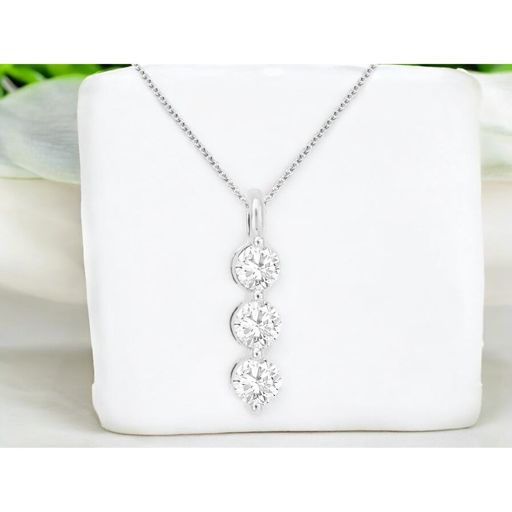 14K White Gold Three-Stone Linear Pendant with Semi-Bezel Set Round Lab-Grown Diamonds - 0.50 Carat Total Diamond Weight - Royal Jewelry