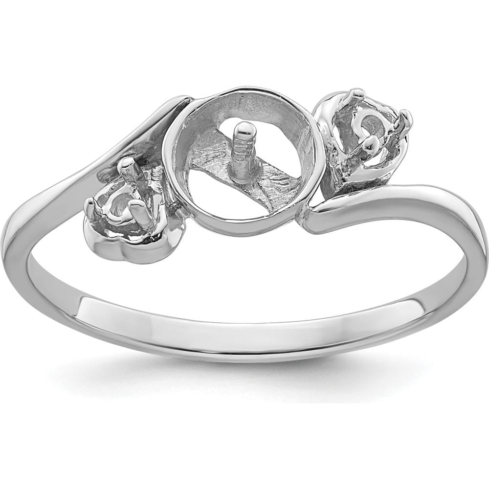 14K White Gold Three-Stone Mounting Ring for 7mm Pearl with Diamond Side Settings by Oro Pregiato