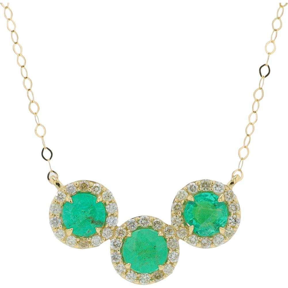 14K White Gold Three Stone Necklace with Emeralds and Diamonds - 1.10 Carat Total Gem Weight