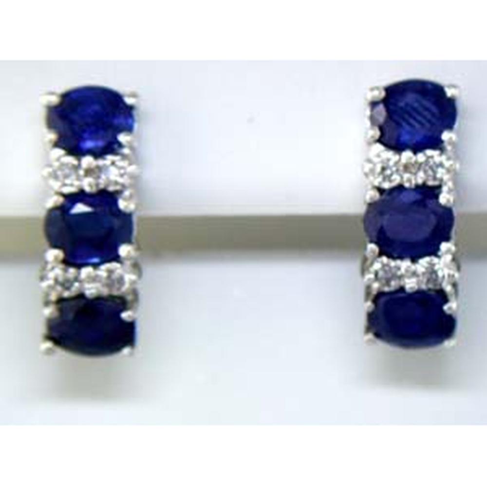 14K White Gold Three Stone Oval Sapphire and Round Diamond Earrings - 2.60 Carat Total Sapphire Weight and 0.12 Carat Total Diamond Weight - Royal Jewelry