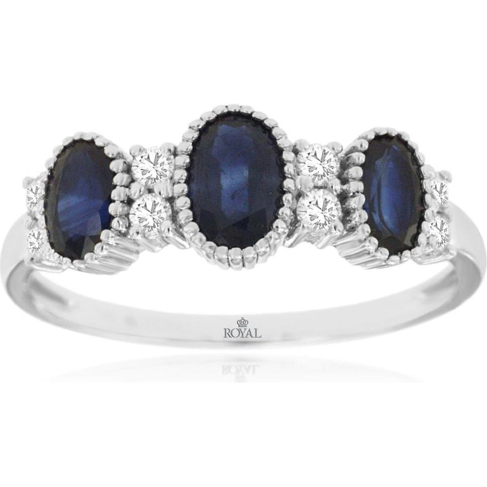 14K White Gold Three-Stone Oval Sapphire Ring with Milgrain Detail and Diamond Accents - 1.40 Carat Total Sapphire Weight, 0.16 Carat Total Diamond Weight - Royal Jewelry