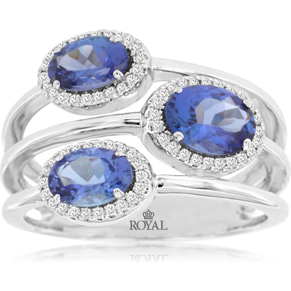 14K White Gold Three-Stone Oval Tanzanite and Diamond Halo Ring - 1.84 Carat Tanzanite, 0.20 Carat Diamond Total Weight - Royal Jewelry