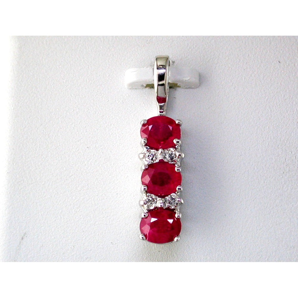 14K White Gold Three-Stone Pendant Necklace with Oval Rubies and Round Diamond Accents - 1.20 Carat Total Ruby Weight and 0.06 Carat Total Diamond Weight - Royal Jewelry