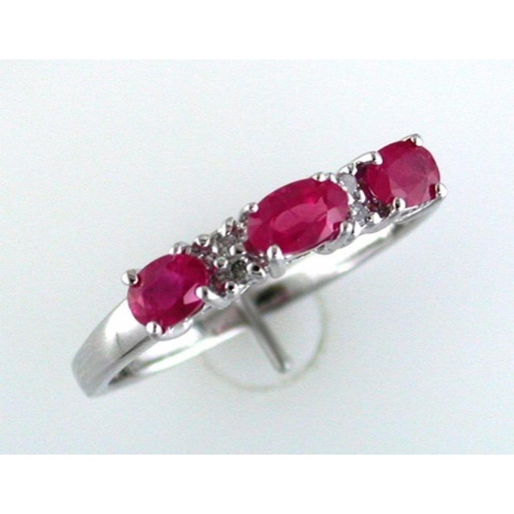 14K White Gold Three Stone Ring with 0.65 Carat Oval Rubies and 0.04 Carat Round Diamond Accents - Royal Jewelry
