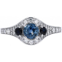 14K White Gold Three Stone Ring with 0.85 Carat Round Sapphires and 0.42 Carat Round Diamonds