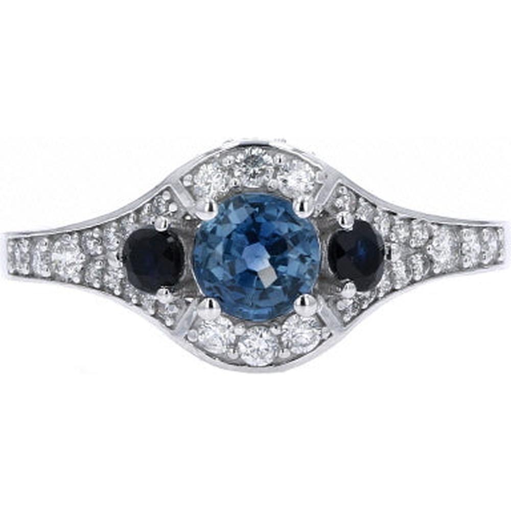 14K White Gold Three Stone Ring with 0.85 Carat Round Sapphires and 0.42 Carat Round Diamonds