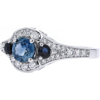 14K White Gold Three Stone Ring with 0.85 Carat Round Sapphires and 0.42 Carat Round Diamonds