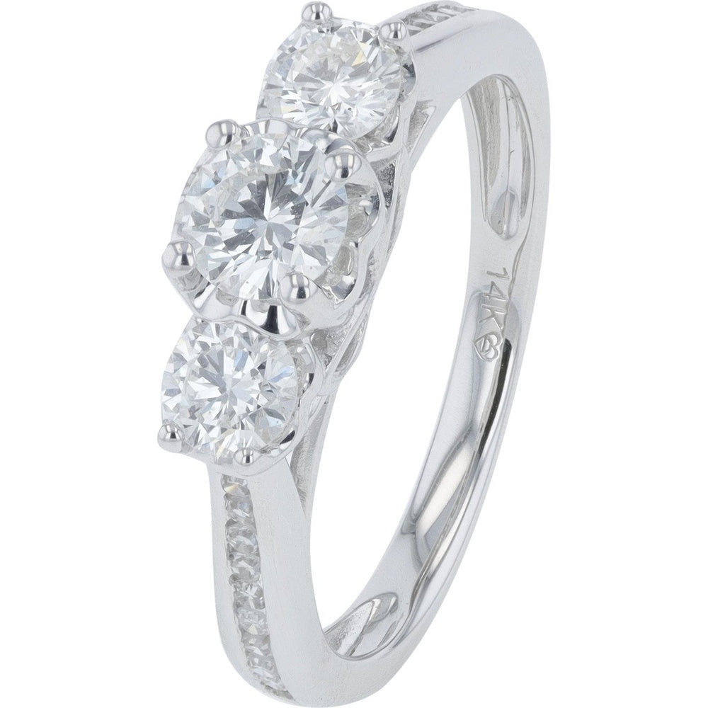 14K White Gold Three Stone Ring with 1.00 Carat Total Weight Round Lab Grown Diamonds