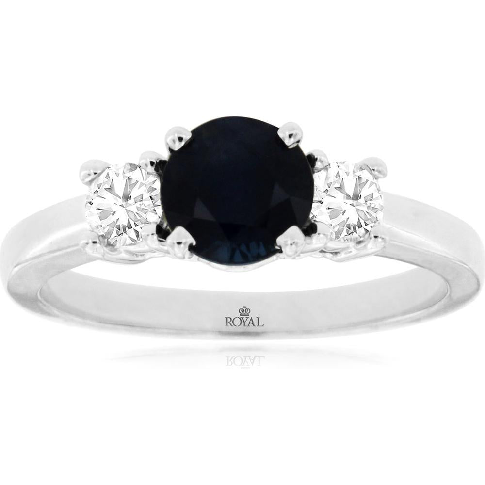 14K White Gold Three Stone Ring with 1.10 Carat Round Sapphire and 0.30 Carat Round Diamonds - Royal Jewelry