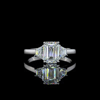 14K White Gold Three Stone Ring with 1.27 Carat Emerald Cut Lab Diamond and 0.50 Carat Trapezoid Side Stones - 1.77 Carat Total Diamond Weight D VVS1 IGI Certified - Covaloro Fine Jewelry