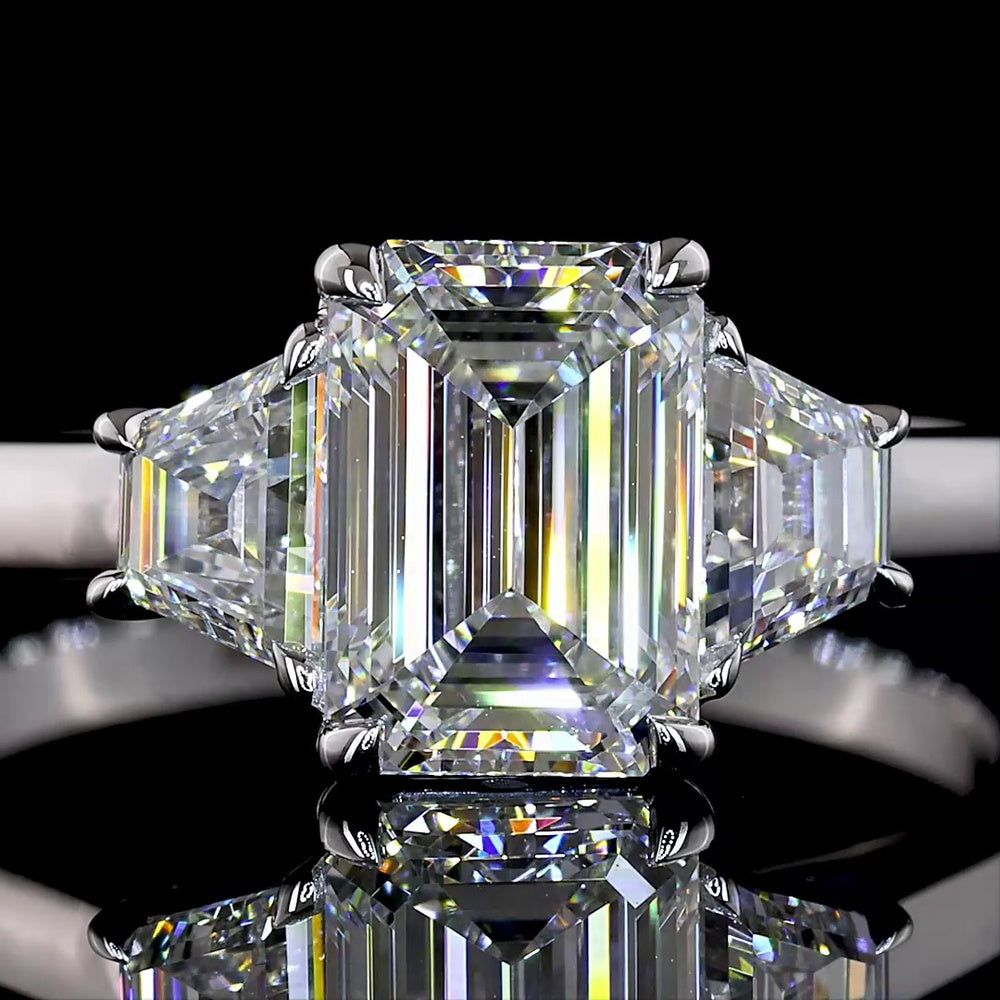 14K White Gold Three Stone Ring with 1.27 Carat Emerald Cut Lab Diamond and 0.50 Carat Trapezoid Side Stones - 1.77 Carat Total Diamond Weight D VVS1 IGI Certified - Covaloro Fine Jewelry