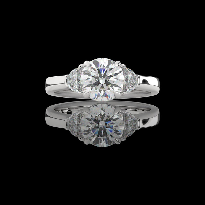 14K White Gold Three Stone Ring with 1.52 Carats Round Brilliant Cut Lab Diamond and 0.35 Carats Half-Moon Side Diamonds - 1.87 Carats Total Diamond Weight - Covaloro Fine Jewelry