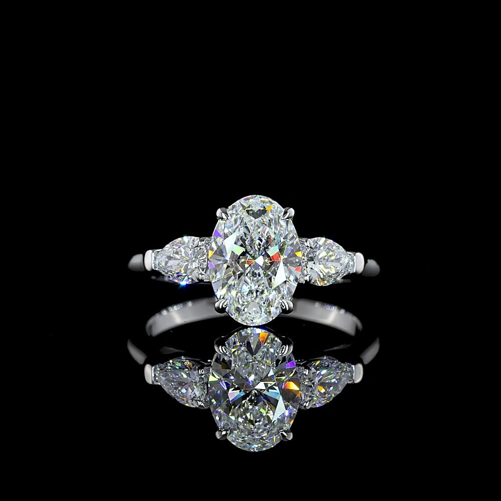 14K White Gold Three Stone Ring with 1.54 Carats Oval Cut Lab Diamond and 0.46 Carats Pear Shape Lab Diamonds - Total 2 Carats IGI Certified - Covaloro Fine Jewelry
