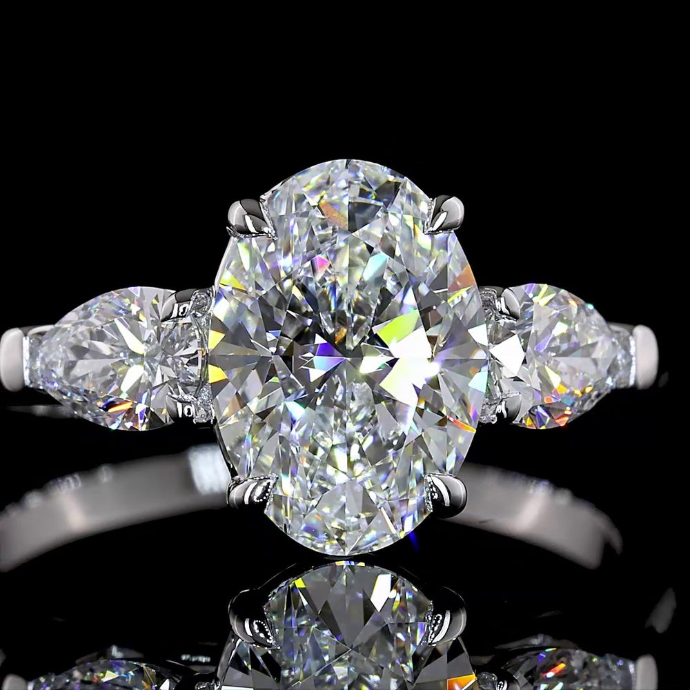 14K White Gold Three Stone Ring with 1.54 Carats Oval Cut Lab Diamond and 0.46 Carats Pear Shape Lab Diamonds - Total 2 Carats IGI Certified - Covaloro Fine Jewelry