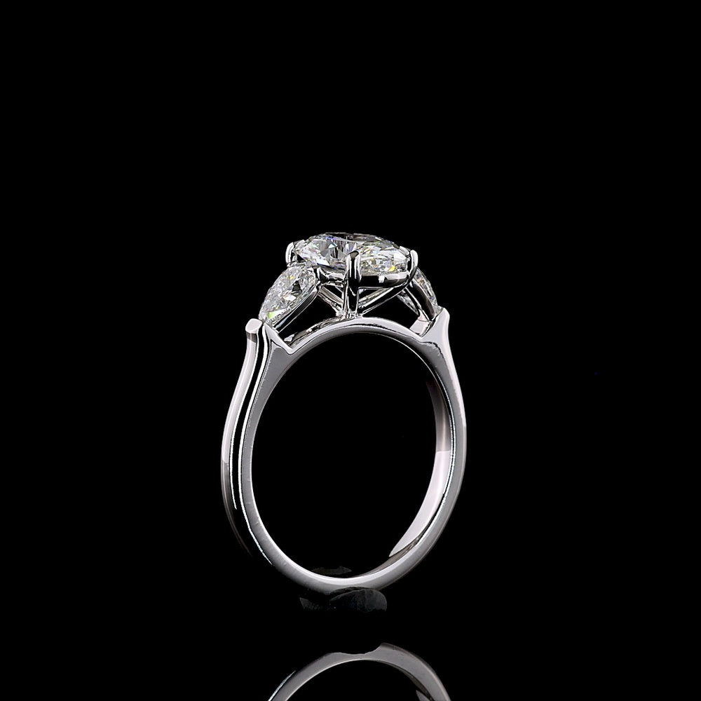 14K White Gold Three Stone Ring with 1.54 Carats Oval Cut Lab Diamond and 0.46 Carats Pear Shape Lab Diamonds - Total 2 Carats IGI Certified - Covaloro Fine Jewelry