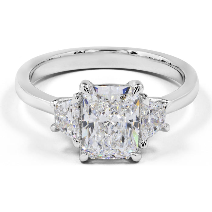 14K White Gold Three-Stone Ring with 1.57 Carat Radiant Cut Lab Diamond and Trapezoid Side Stones - 2.06 Carat Total Diamond Weight - Covaloro Fine Jewelry