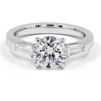 14K White Gold Three Stone Ring with 2.01 Carat Round Brilliant Lab Diamond and 0.41 Carat Tapered Baguette Side Stones - 2.42 Carat Total Diamond Weight - Covaloro Fine Jewelry