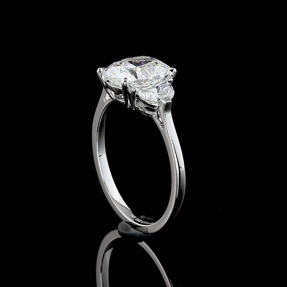 14K White Gold Three Stone Ring with 2.02 Carat Cushion Modified Lab Diamond and 0.49 Carat Half-Moon Lab Diamonds - Total 2.51 Carats - Covaloro Fine Jewelry