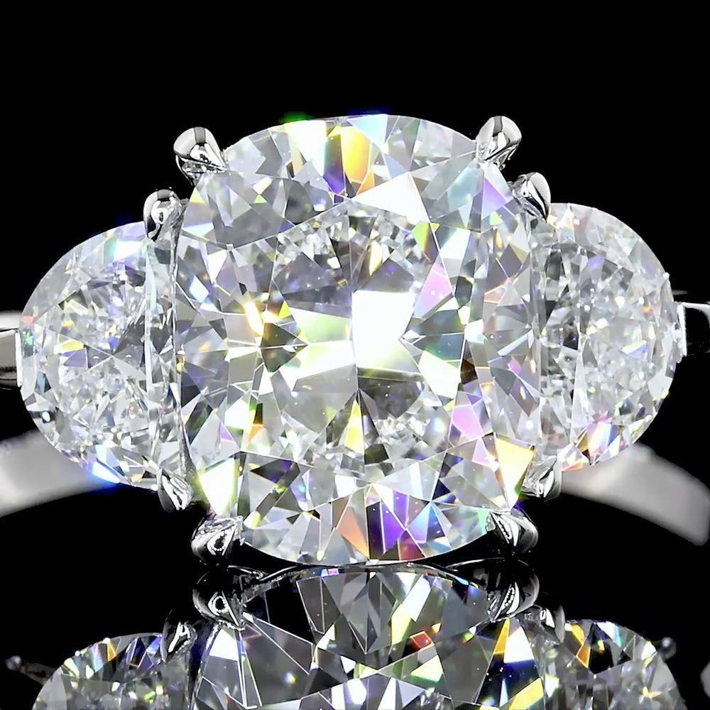 14K White Gold Three Stone Ring with 2.02 Carat Cushion Modified Lab Diamond and 0.49 Carat Half-Moon Lab Diamonds - Total 2.51 Carats - Covaloro Fine Jewelry