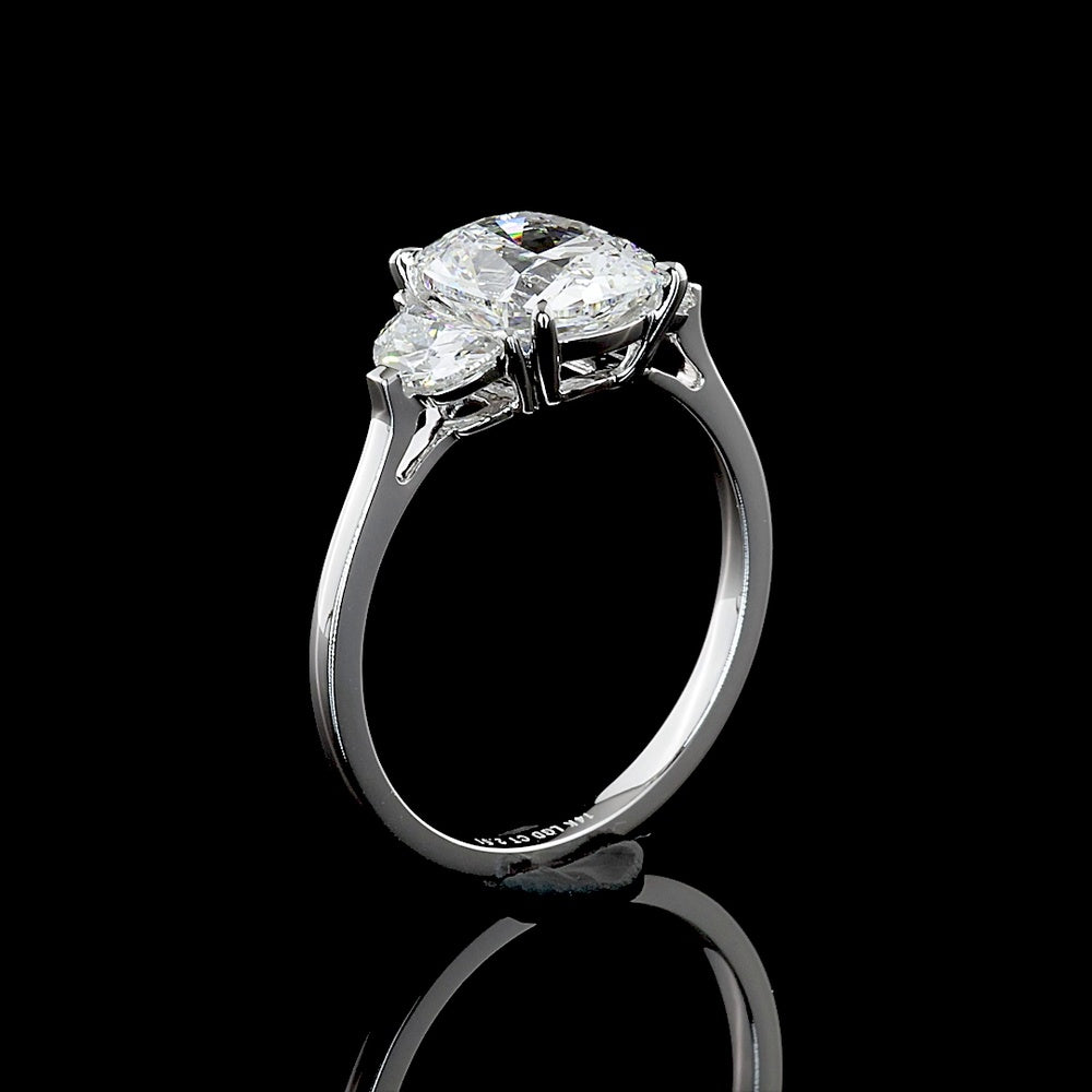 14K White Gold Three Stone Ring with 2.02 Carat Cushion Modified Lab Diamond and 0.49 Carat Half-Moon Lab Diamonds - Total 2.51 Carats - Covaloro Fine Jewelry
