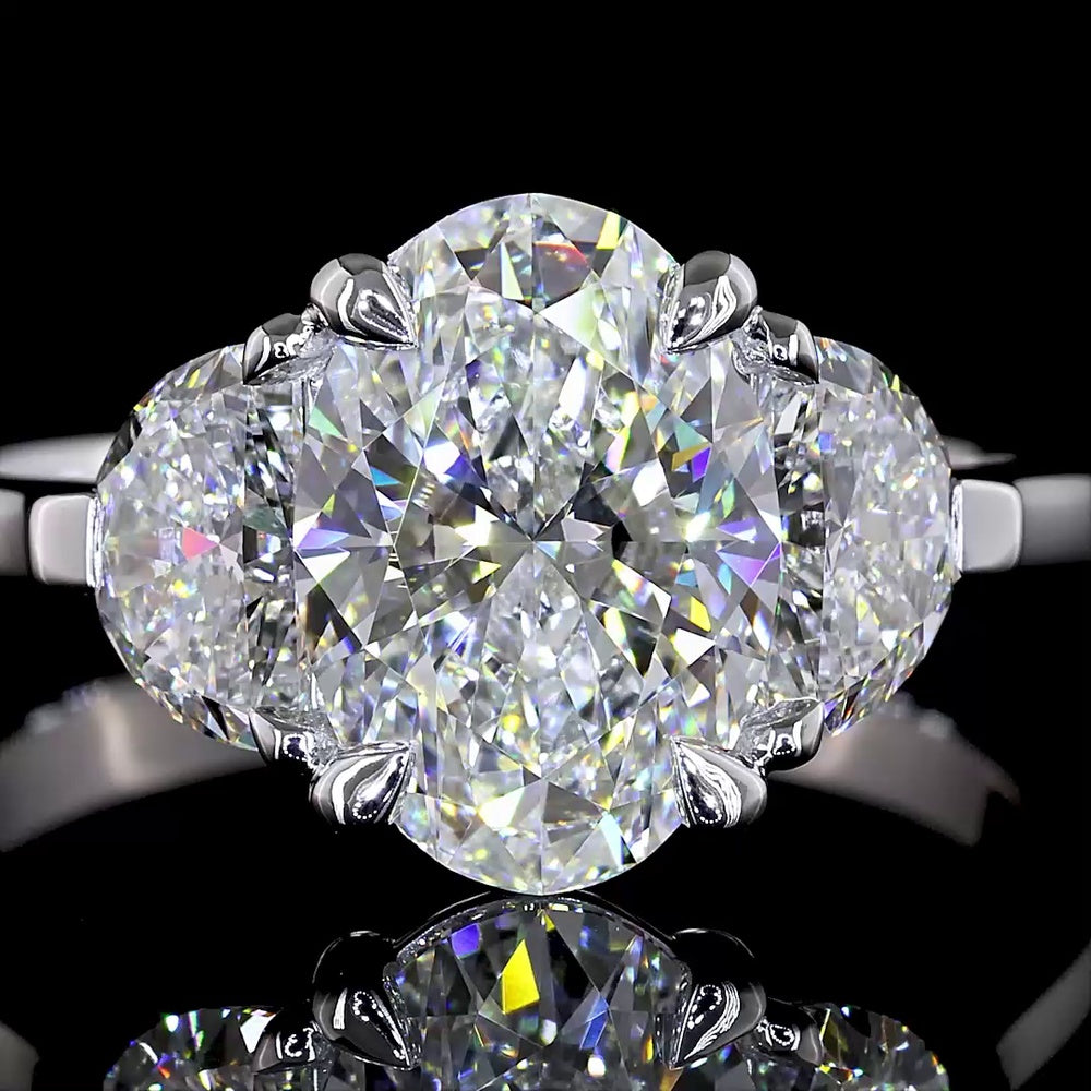 14K White Gold Three Stone Ring with 2.02 Carat Oval and 0.83 Carat Half-Moon Lab Diamonds - 2.85 Carat Total Weight - Covaloro Fine Jewelry