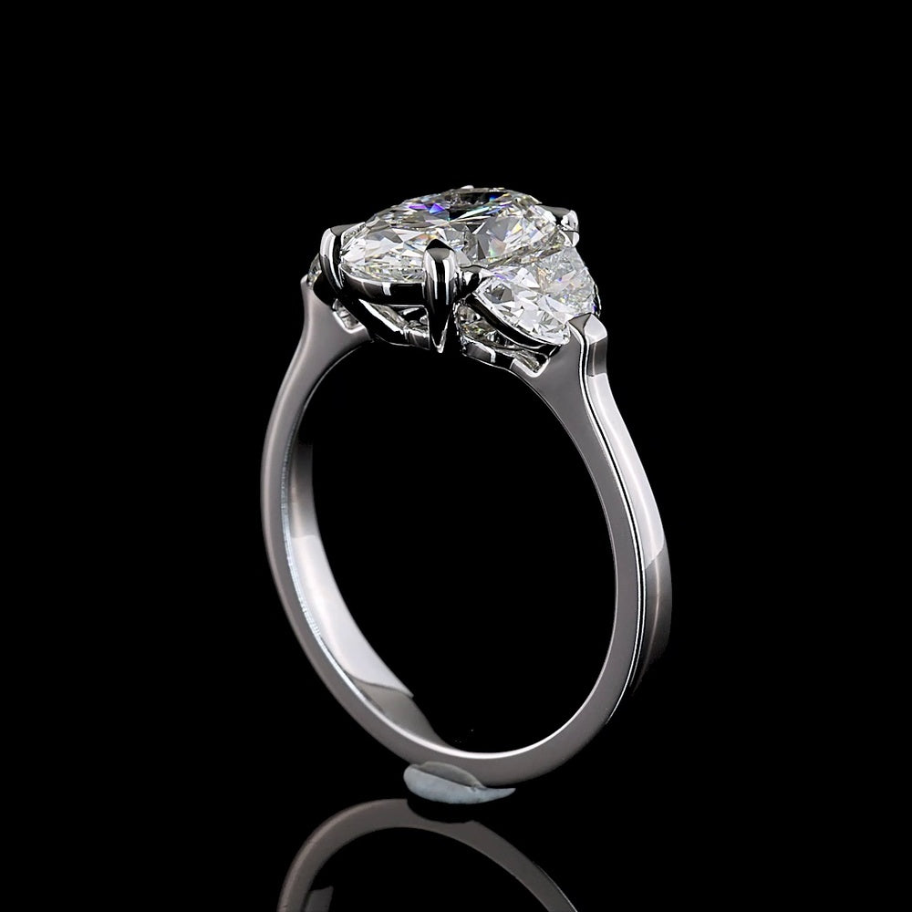 14K White Gold Three Stone Ring with 2.02 Carat Oval and 0.83 Carat Half-Moon Lab Diamonds - 2.85 Carat Total Weight - Covaloro Fine Jewelry