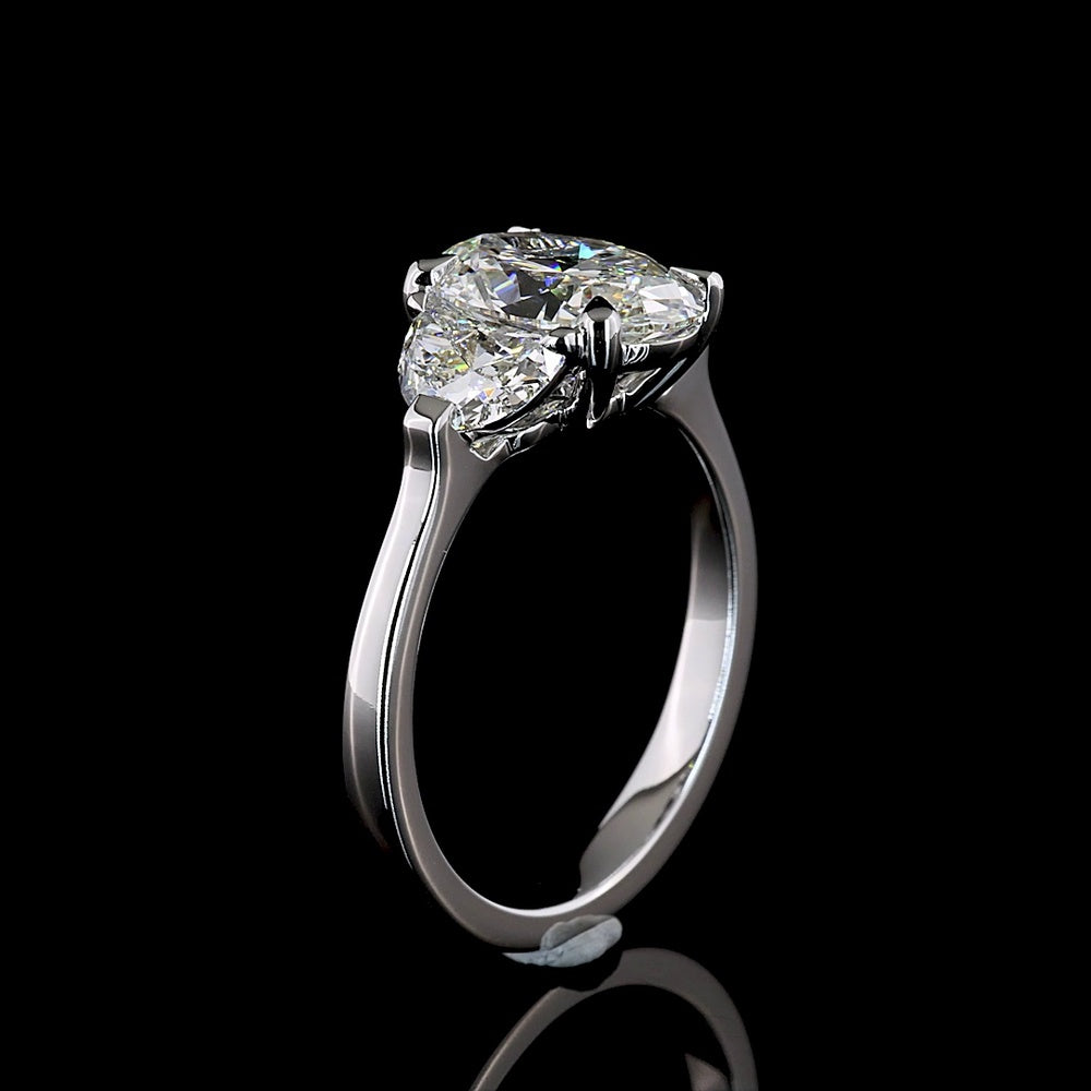 14K White Gold Three Stone Ring with 2.02 Carat Oval and 0.83 Carat Half-Moon Lab Diamonds - 2.85 Carat Total Weight - Covaloro Fine Jewelry