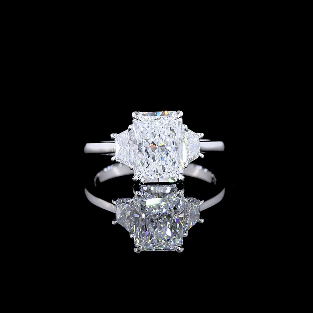 14K White Gold Three Stone Ring with 2.03 Carat Radiant Cut Lab Diamond and Half-Moon Side Stones - 2.77 Carat Total Diamond Weight - Covaloro Fine Jewelry