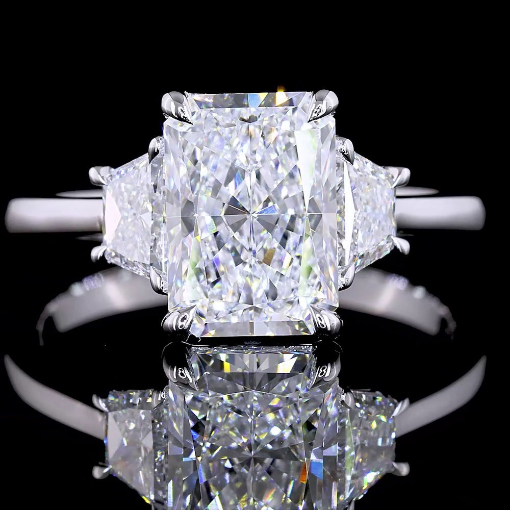 14K White Gold Three Stone Ring with 2.03 Carat Radiant Cut Lab Diamond and Half-Moon Side Stones - 2.77 Carat Total Diamond Weight - Covaloro Fine Jewelry